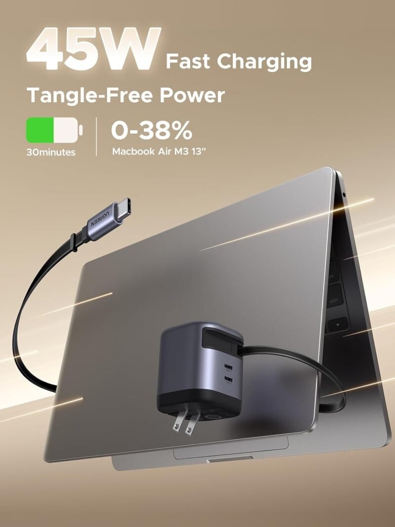 UGREEN Nexode 45W 3 in 1 Compact GaN Charger, Retractable USB C Fast Wall Charger with Foldable Plug,