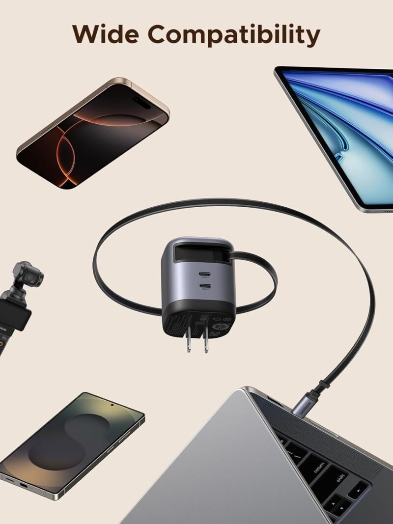 UGREEN Nexode 45W 3 in 1 Compact GaN Charger, Retractable USB C Fast Wall Charger with Foldable Plug,