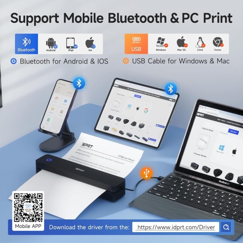 iDPRT Portable Printer Wireless for Travel, 300DPI Bluetooth Thermal Printer Support for 8.5"x11" US Letter, Inkless Compatible with iOS, Android, Laptop for Office, Car and Home, School